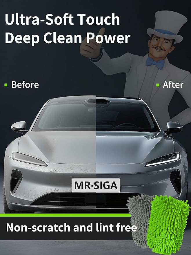 MR.SIGA Premium Microfiber Soft Chenille Car Wash Mitt, Pack of 2, Gray & Green