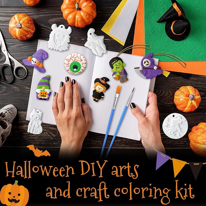 Seenelling 24 Sets Halloween DIY Painting Kits Paint Your Own Ceramics Pumpkin Ghost Unpainted Plaster Statues Arts and Crafts with Brush, Lanyard for Kids Halloween Gifts Party Decor (Classic)