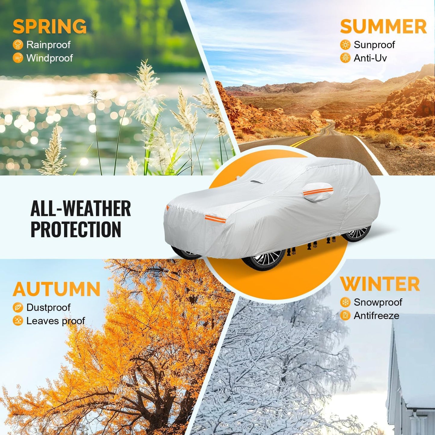 30 Layers SUV Car Cover for Automobiles All Weather Waterproof, Outdoor Snowproof UV Protection Windproof, Door Zipper, Soft Cotton, Heavy Duty Universal Car Covers, (Silver, Fit SUV 191"-200")