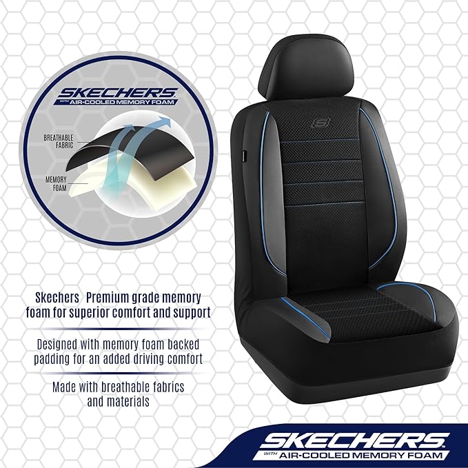 Skechers Air-Cooled Memory Foam Seat Covers,Mesh Thick Car Seat Covers,Piping Leather Car Seat Covers Front Seats,Airbag Compatible,Automotive Comfort Universal Fit Most Cars,Vans,Truck,SUV,Blue