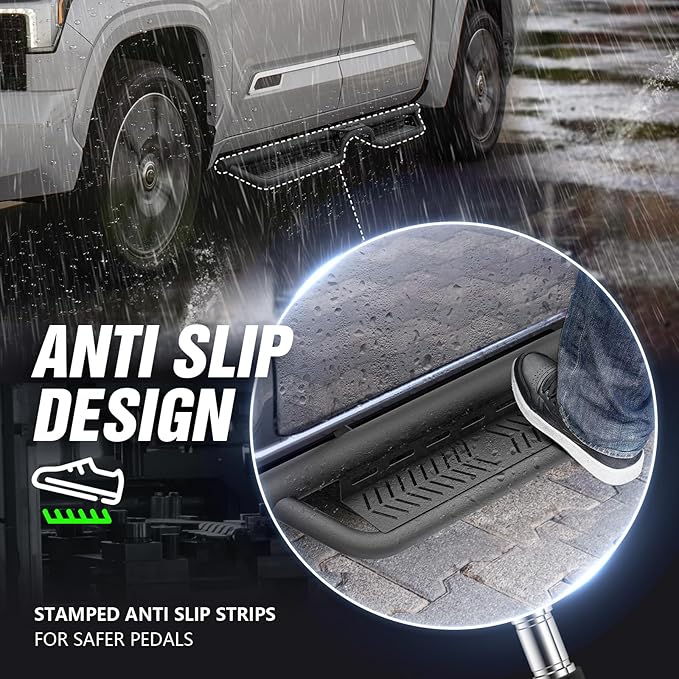 Double Cab Running Boards Side Steps Compatible with 2022 2023 2024 2025 Toyota Tundra Extended Cab, Bolt-on Nerf Bar Step Bars, Two Stairs Design (Black Steel, Star Logo)