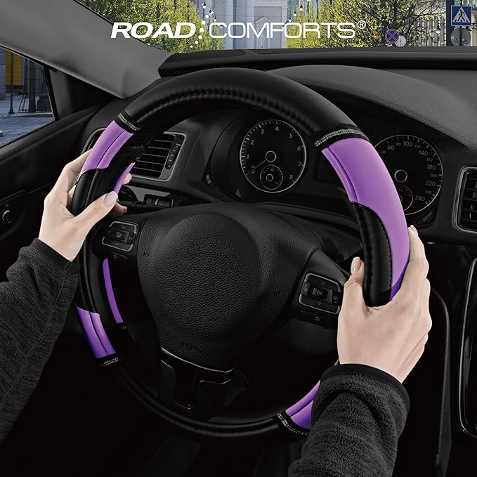 Road Comforts Leather Steering Wheel Cover - Made with PVC Leather - Anti-Slip, Universal Fit 14 1/2 inches to 15 inches - Purple
