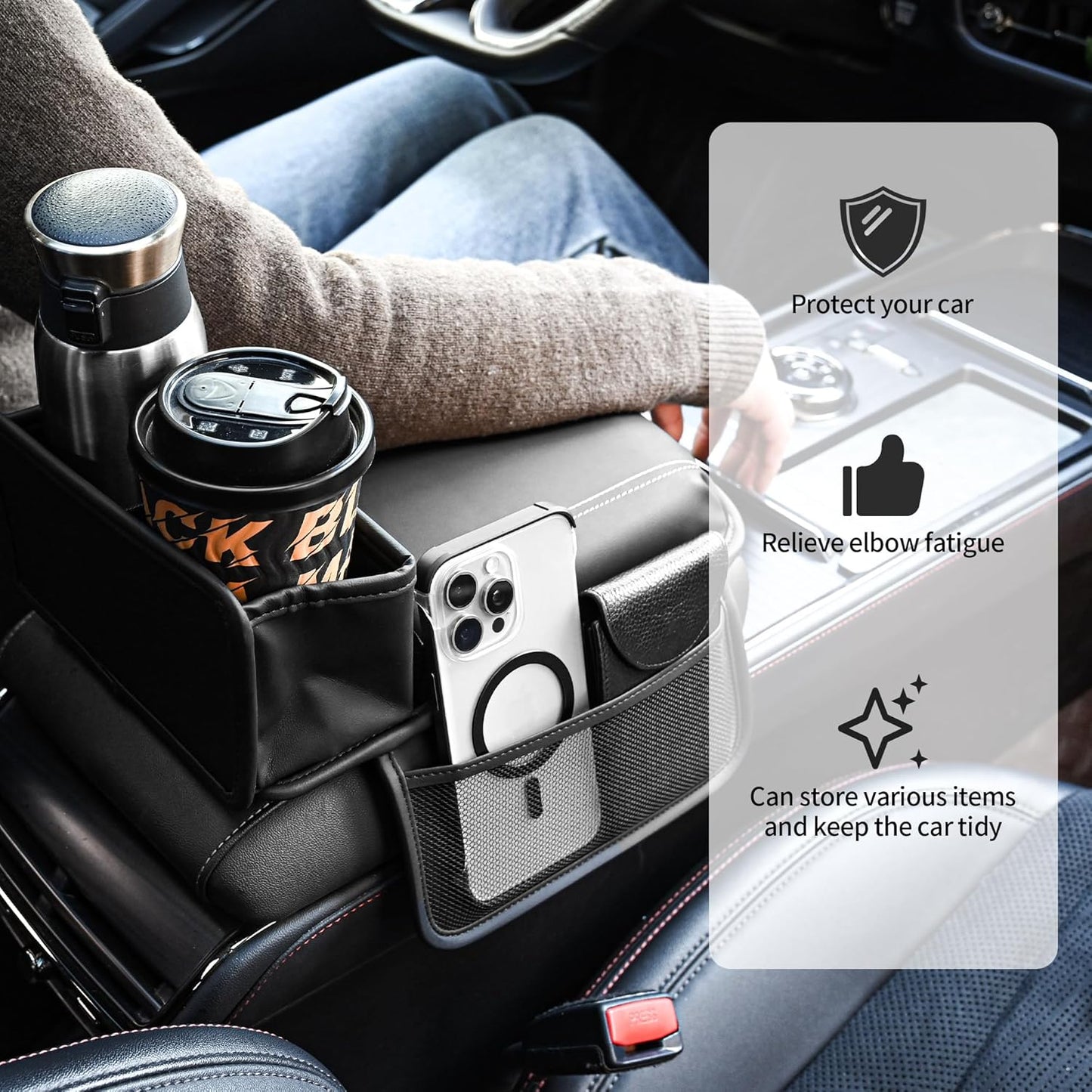 JEYODA Upgraded Car Armrest Cover,Premium Leather Car Armrest Cover Cushion with Storage Holder, Caddy for car (beige)