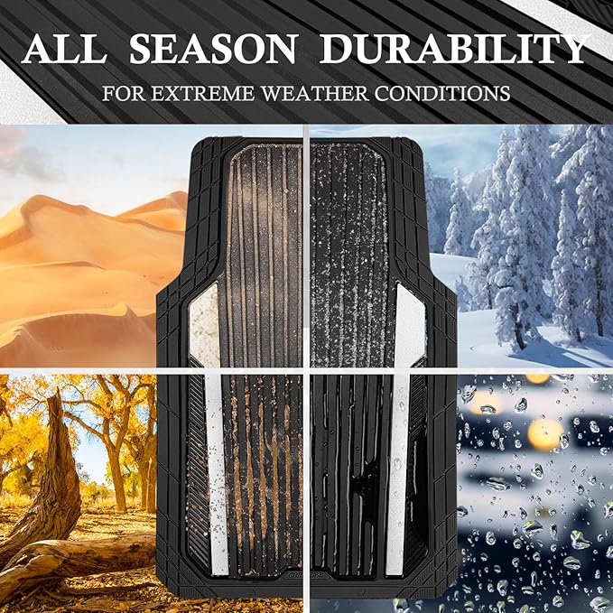 CAR PASS Heavy Duty Rubber Car Mats Metallic,Aluminum Film All Weather Floor Mats Waterproof Universal Trim to Fit SUVs Sedans Vans 4 Piece Anodized Deep Dish Two-Tone Sporty Black White Chrome