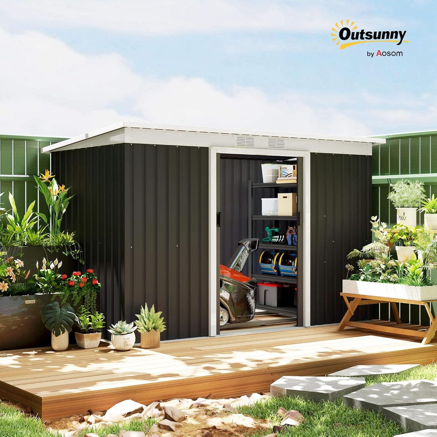 Outsunny 9' x 4' Outdoor Storage Shed, Metal Garden Tool House with Sloping Roof and Lockable Door for Backyard, Bike, Patio, Garage, Lawn, Gray