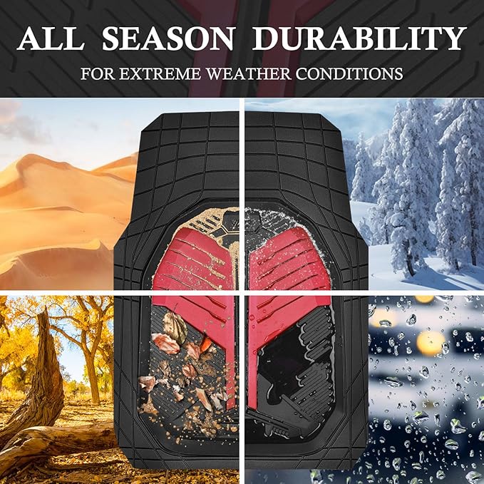CAR PASS Heavy Duty Rubber Car Mats, Deep-Dish Car Floor Mats All Weather, Universal Two-Tone Trim-to-Fit for SUVs Trucks Sedans, Waterproof Anti-Slip, 3 Pieces V12 Black and Metallic Red