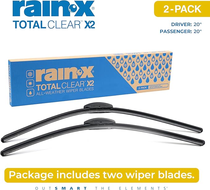 Rain-X 810337 Total Clear Beam Wiper Blades 20" & 20" Windshield Wipers for All-Weather Performance, Rubber Squeegee for Smooth Clean Wipe & Quiet Operation - 2 Pack Value