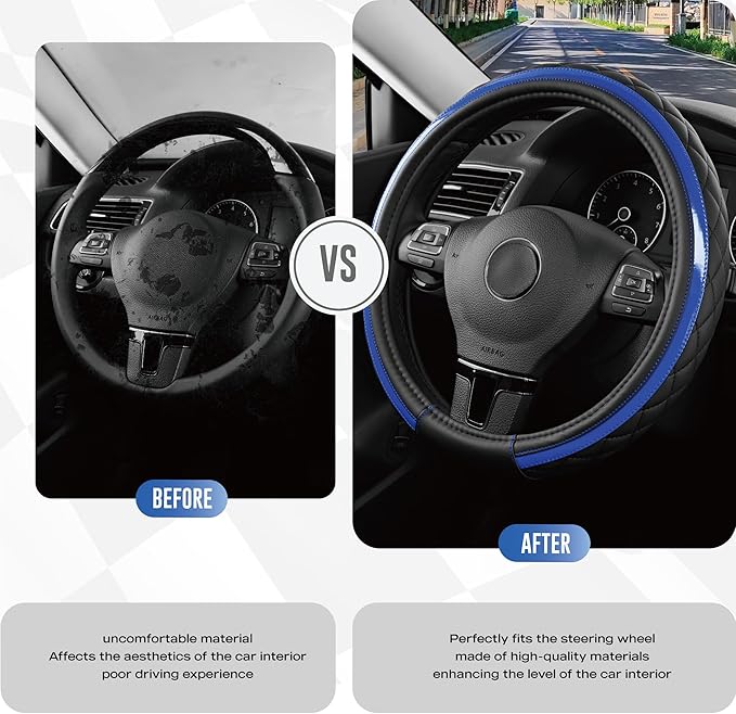 Road Comforts Leather Steering Wheel Cover – Black & Blue, Universal Fit 14.5-15 Inch, Microfiber Leather, Anti-Slip & Breathable Design for Men and Women