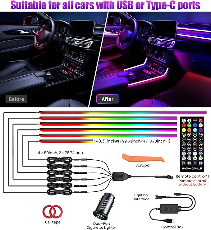 KENANEK 175’’ Acrylic Car Ambient Lighting Kit – 6 RGB LED Light Strips, APP/Remote/Control Box, Music Sync, Dual USB Cigarette Lighter, Universal Fit for Car/SUV/Truck