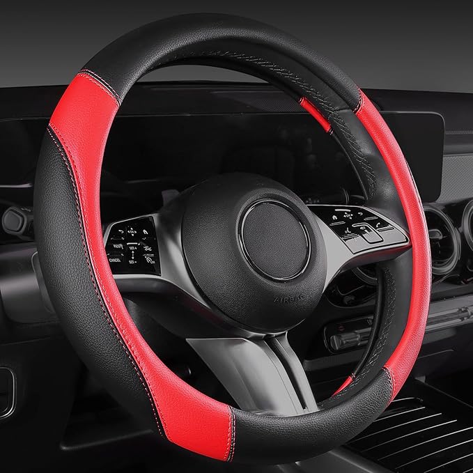 CAR PASS Faux Leather Steering Wheel Cover and Waterproof Car Floor Mats,Universal Car Combo Fit for 95% Sedan,SUV,Cars,14.5-15inch Sporty Anti-Slip Safety Comfortable Design(Black＆Red)