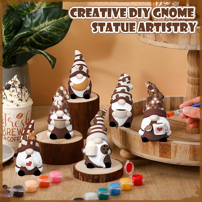 Eersida 6 Sets Coffee Gnome Ceramics to Paint Ready to Paint Your Own Ceramic Coffee Gnome Statues DIY Unpainted Ceramics Paintable Figurines Kit Crafts with Brush Palette Christmas