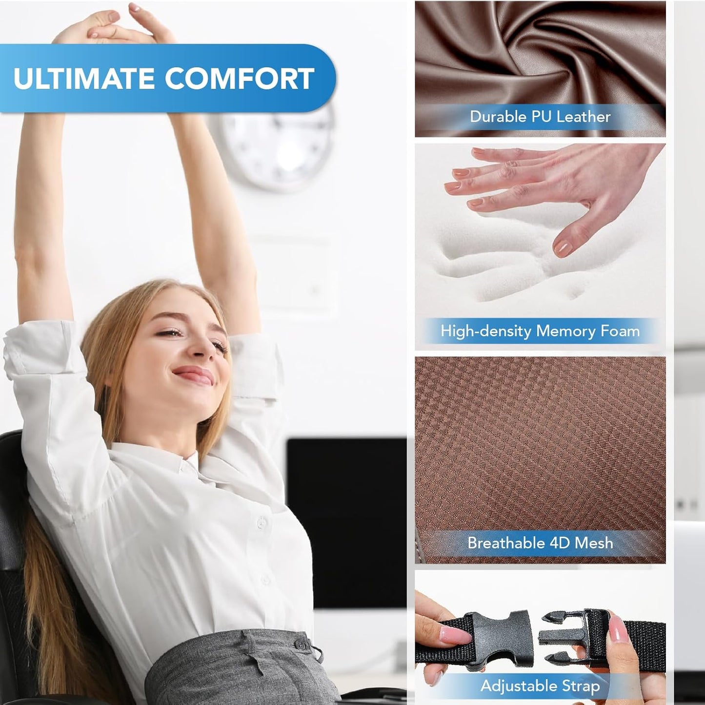 Lumbar Support Pillow for Car, Memory Foam Lumbar Pillow for Lower Back Pain Relief - Back Cushion for Driving, Chair Support for Car-Office Chair, Wheelchair - Brown