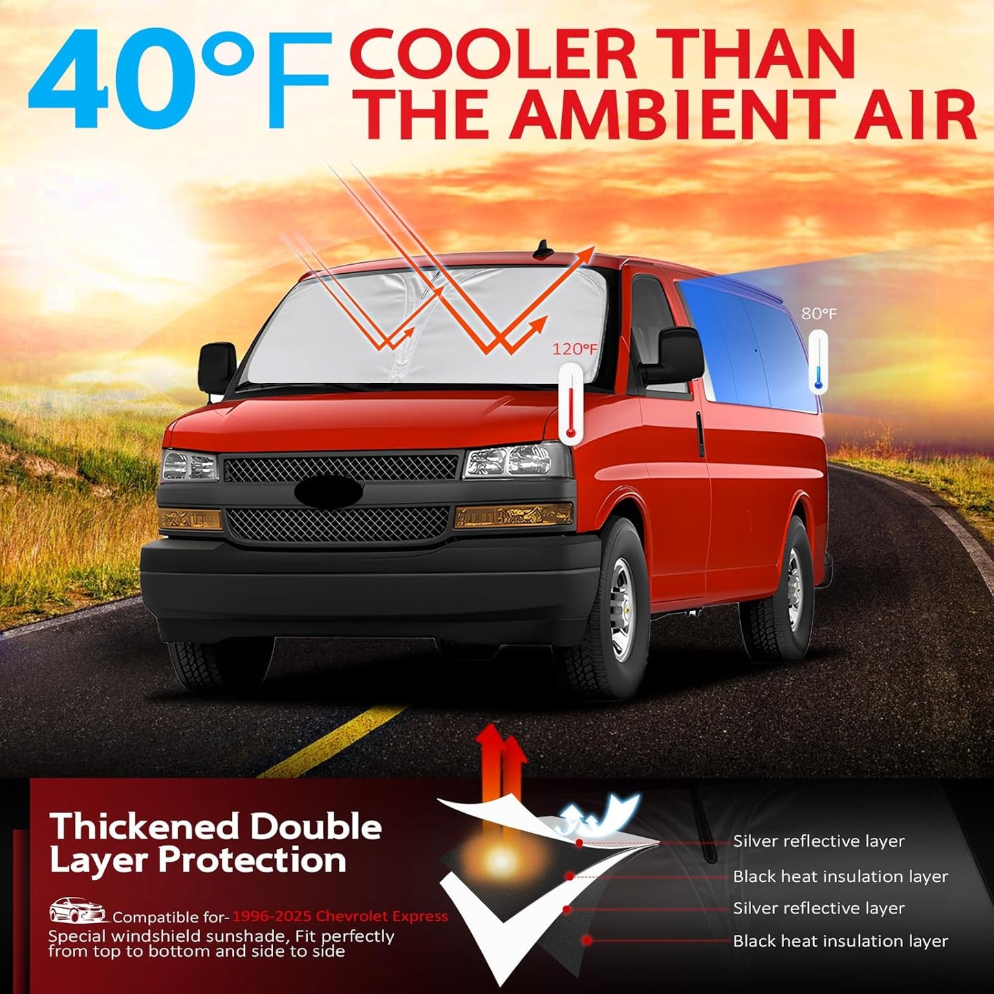 KAYZT Windshield Sun Shade for 1996-2025 2026 Che-vrolet/Chevy Express Cargo Van 1500, 3500, 4500, LS, LT Foldable Sunshade Front Window Custom Fit Car Accessories