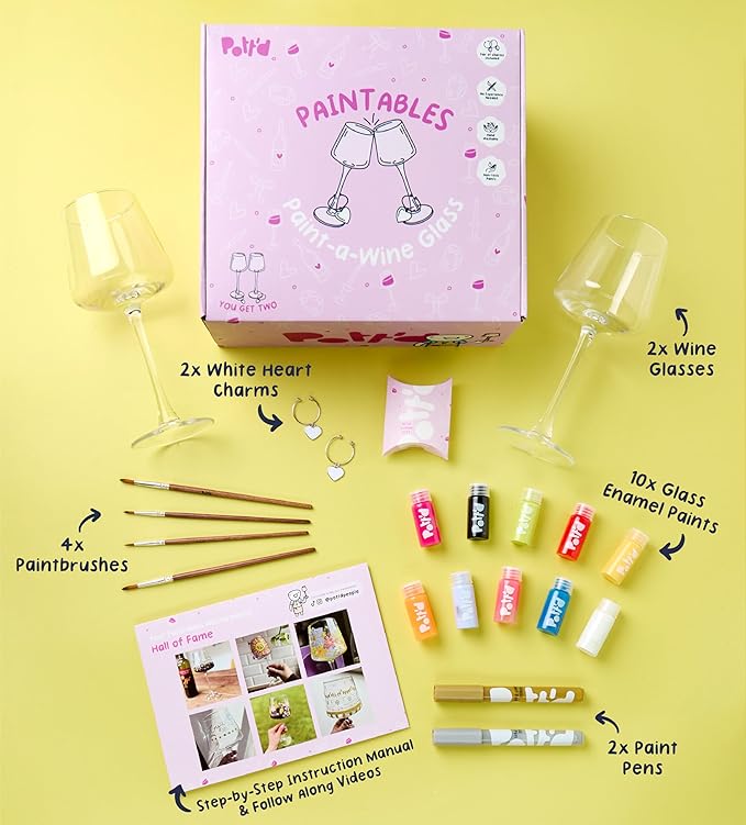 Pott’d Paintables Paint-a-Wine Glass Kit – DIY Glass Painting Kit for Adults with Wine Glasses, Enamel Paints, Brushes, Pens and Charms, Craft Kit for Adults, Perfect for Beginners