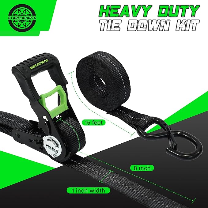 Motorcycle Tie Down Strap (4PK) - 2,100lb Break Strength Premium 15ft Ratchet Tie Down Straps Set, Soft Loop Ratchet Straps for Moving Appliances, Lawn Equipment, Cargo Straps for Trucks (Black)