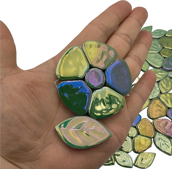 1.1LB Iridescent Leaves Ceramics Mosaic Tiles,Making Creative 3 Size Ceramic Mosaic Pieces for DIY Craft,Flowerpots,Vases,Cups,Garden Decor Mosaic Making Supplies (Green Flowers + Green Leaves)