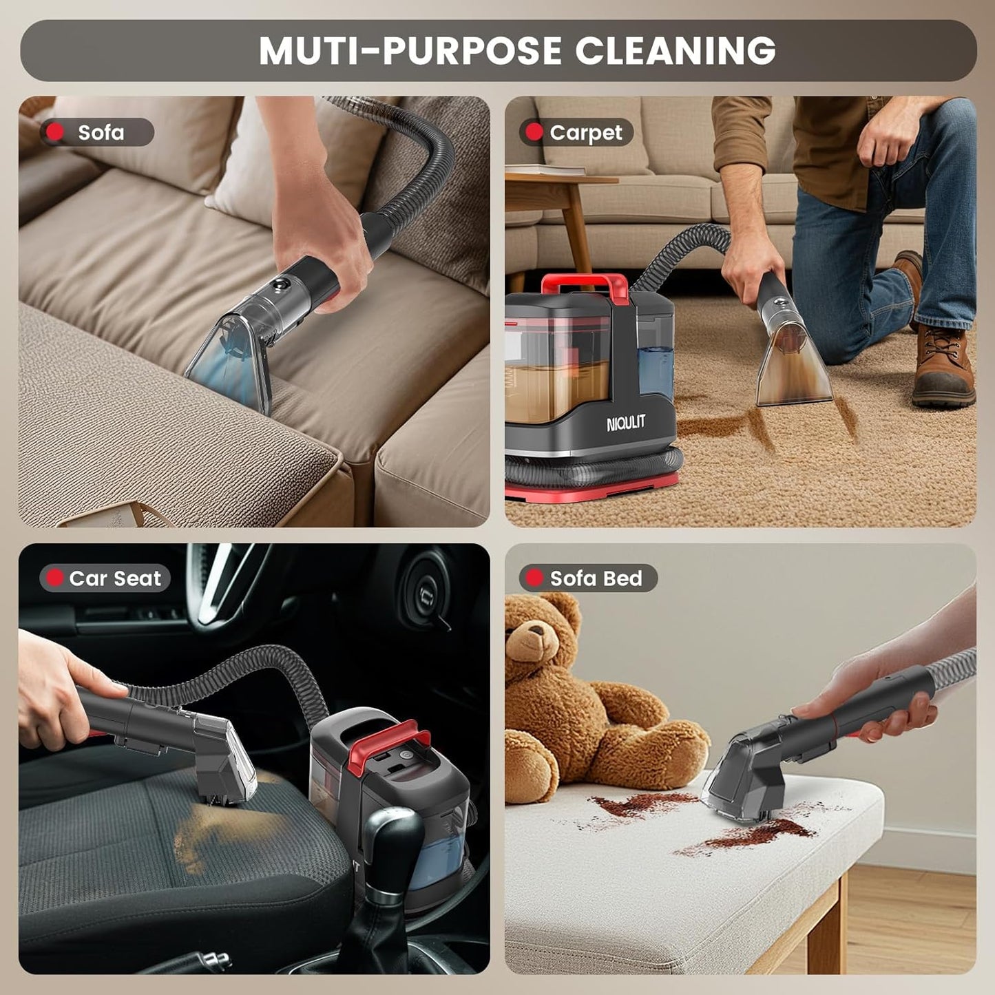 Portable Carpet & Upholstery Cleaner Machine, 15Kpa Strong Suction Spot Cleaner for Sofa, Car Seats, Pet Stains, Rugs – Deep Cleaning with Dual Brush Heads & Self-Cleaning System