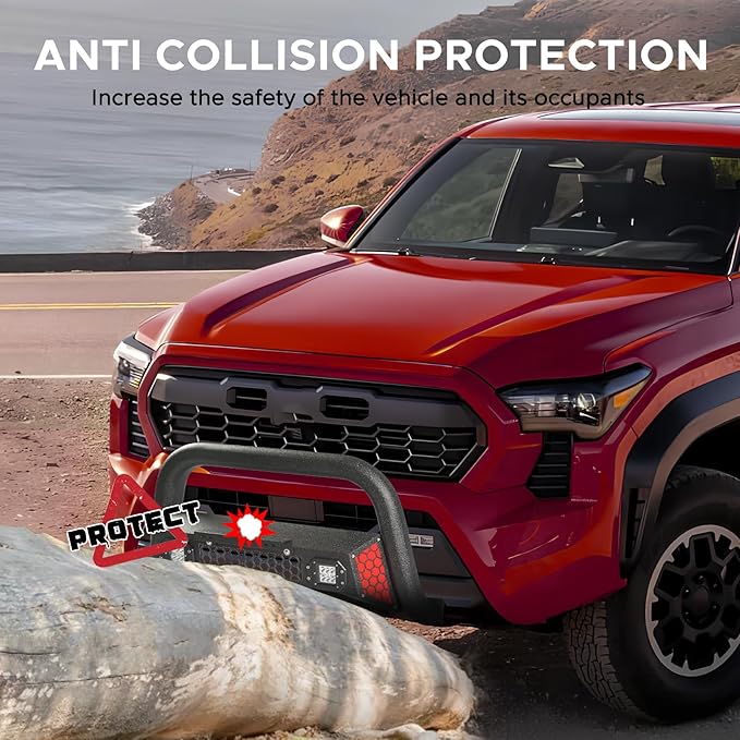 Bull Bar Fit for Toyota Tacoma 2024 2025 with LED Light & w/License Plate Bracket DIY Paintable Front Bumper Brush Push Bar Grille Guard Protector