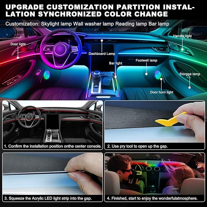 Dreamcolor Acrylic Interior Car LED Strip Light with Wireless APP, RGB 22 in 1 with 175 inches 593 LEDs Fiber Optic Ambient Lighting Kits, 16 Million Colors Sound Active Function Car Neon Lights