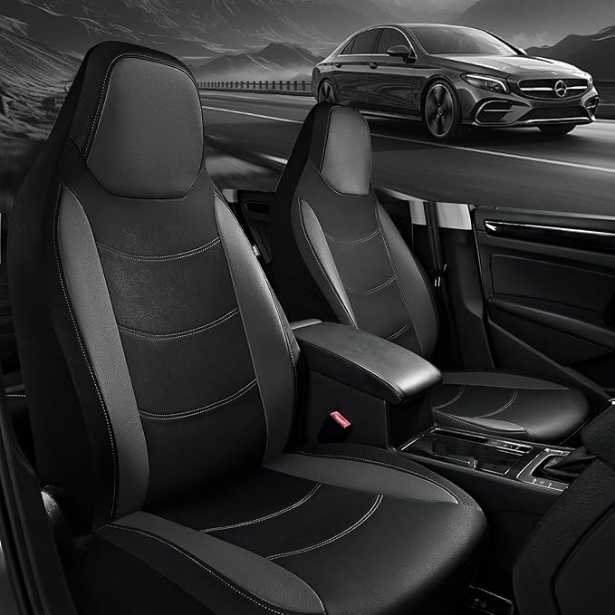 Road Comforts Car Seat Cover, Leather Car Seat Covers, Automotive Low Back Front Car Seat Covers, Airbag Compatible, Universal Fit for Most Cars (Black)