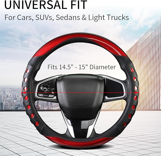 Leather Car Steering Wheel Cover with Anti-Slip Grip, for Women and Men, Universal Fit for 14.5-15 Inch Cars, Trucks, SUVs (Red (Round), Medium(Standard) Size[14 1/2''-15''])