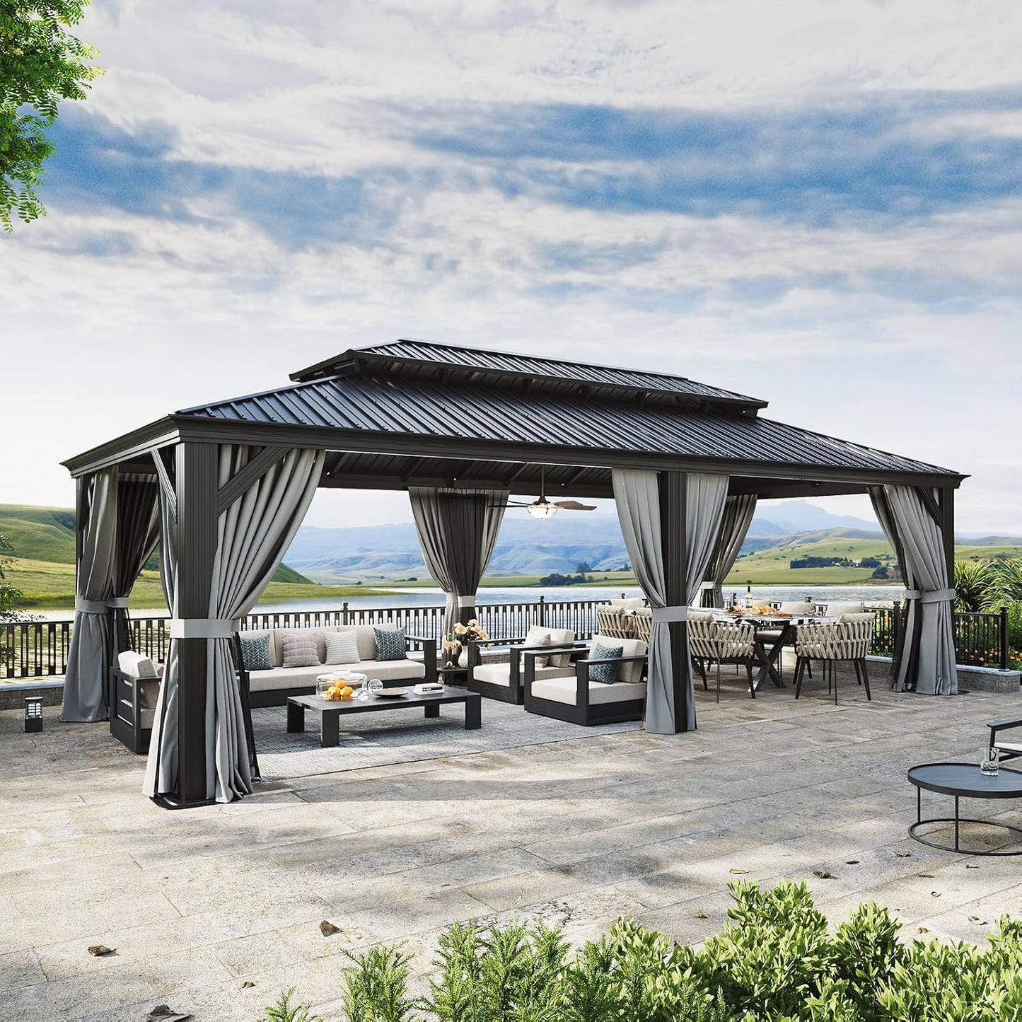 Aoxun 12' X 24' Hardtop Gazebo with Drainage System, Aluminum Outdoor Gazebo with Galvanized Steel Double Roof, Patio Permanent Metal Pavilion with Netting, for Garden, Deck, Grey