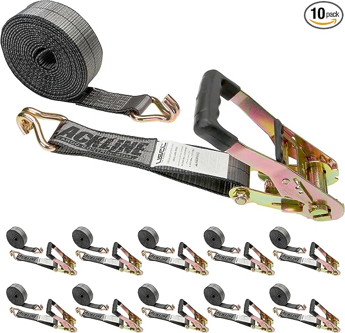 US Cargo Control Blackline Ratchet Straps Heavy Duty (10-Pack), 2 Inch x 18 Foot Black Ratchet Straps with Double J Hooks, 13,000 LBS Break Strength, Heavy Duty Tie Down Straps for Trucks & Trailers