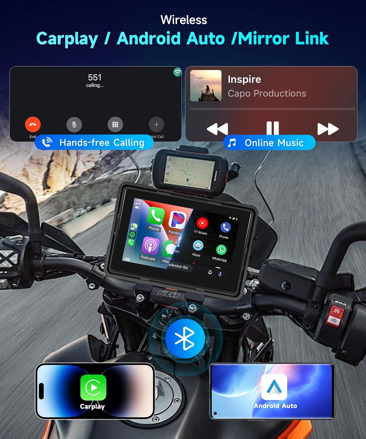 HD IPS Touch Screen Portable Wireless Apple Carplay Screen for Motorcycle &Wireless Android Auto GPS Navigation for Motorcycle,Car Play,Dual Bluetooth Waterproof,Siri Voice Control 5Inch for Motorbike