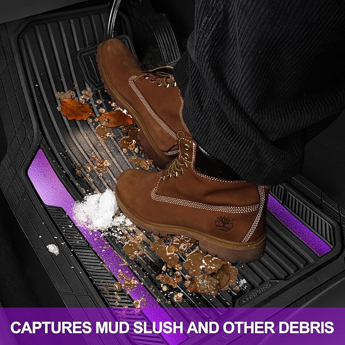 CAR PASS Heavy Duty Rubber Car Mats Metallic,Aluminum Film All Weather Floor Mats Waterproof Universal Trim to Fit SUVs Sedans Vans 4 Piece Anodized Deep Dish Two-Tone Sporty Black Purple Chrome