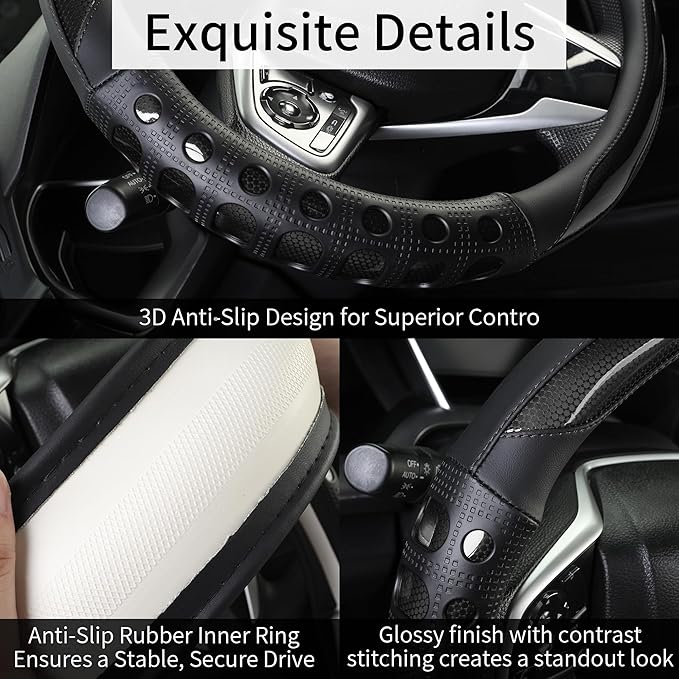 Leather Car Steering Wheel Cover with Anti-Slip Grip, for Women and Men, Universal Fit for 14.5-15 Inch Cars, Trucks, SUVs (Black (Round), Medium(Standard) Size[14 1/2''-15''])