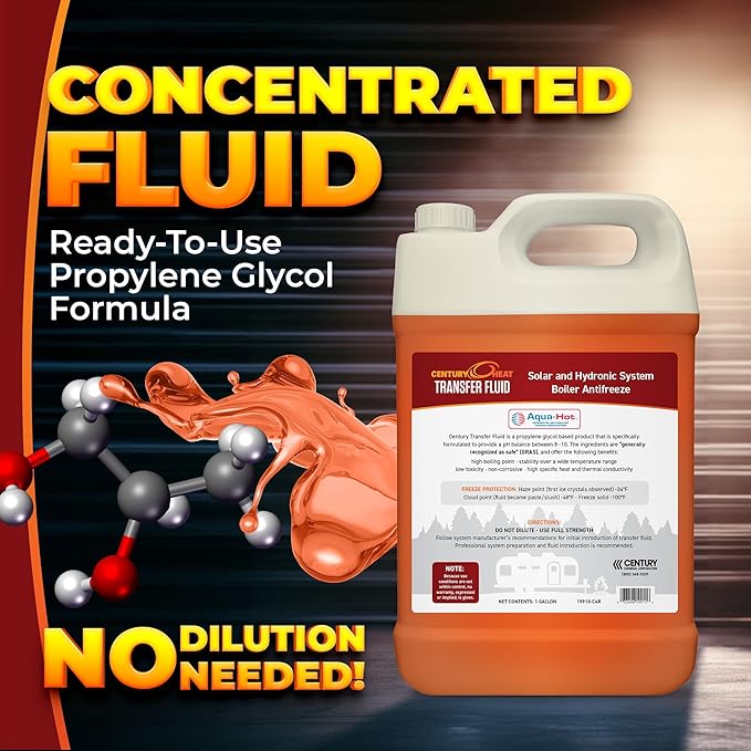 Century Heat Transfer Fluid, Non-Corrosive, Non-Toxic Propylene Glycol RV Antifreeze for Heating Systems | Ready to Use | Recomended by Aqua-Hot, Oasis & Timberline. - Red 1 Gallon
