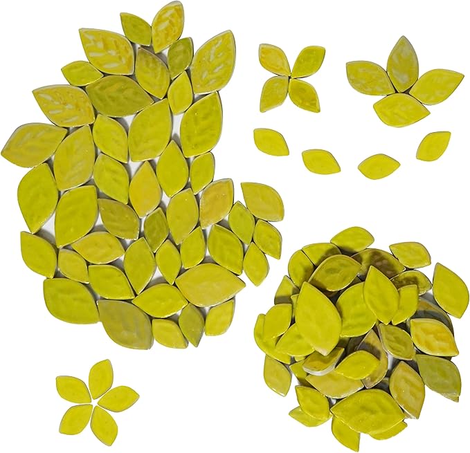 1.1LB Random Iridescent Leaves Ceramics Mosaic Tiles, Making Creative 3 Size Ceramic Mosaic Pieces for DIY Craft,Flowerpots, Vases, Cups, Garden Decor Mosaic Making Supplies (Yellow)