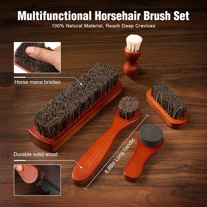 NINGO Leather Shoe Polish Kit, 16pcs Shoe Shine Kit with 6 Horsehair Brushes, 3 Black Brown Neutral Shoe Polish & Mink Oil