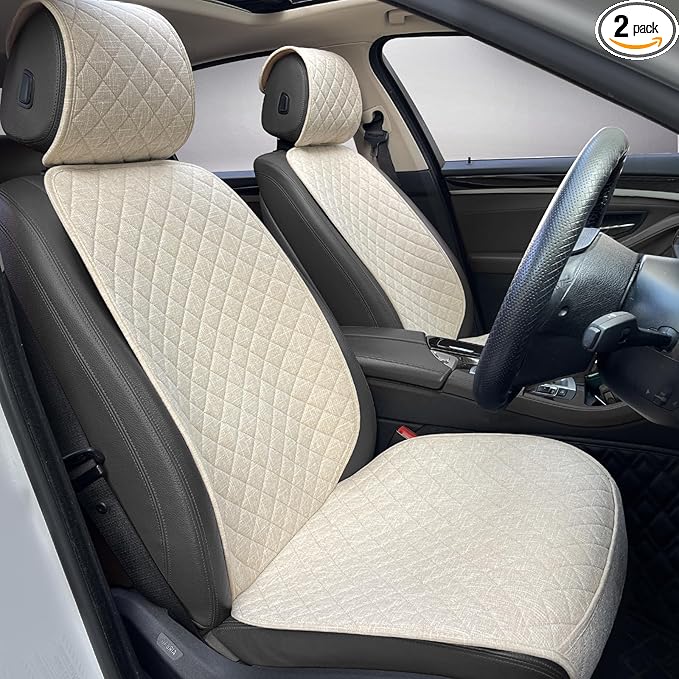 Linen Car Seat Covers Front Seat Covers Breathable Cloth Fabric Car Seat Protector - Universal Fit for Cars, Vans, SUVs, Trucks - 2 Units - Beige