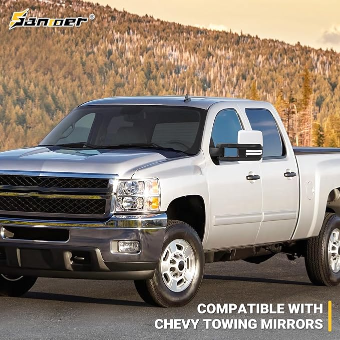 Sanooer Towing Mirrors Painted White Switchback Dynamic Turn Light Compatible with 2007-2013 Chevy Silverado Suburban Tahoe GMC Sierra Yukon with Running Lights Power Glass Backup Lamp Heated Set