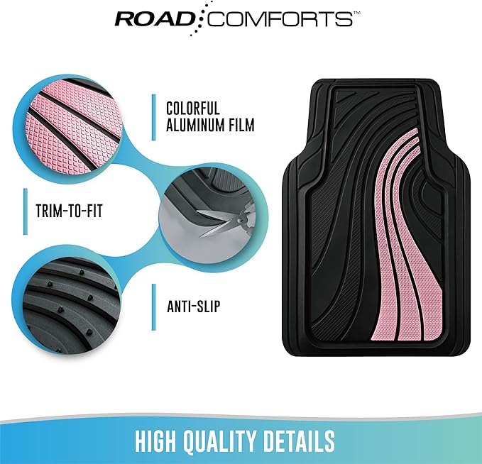 Road Comforts Car Floor Mats Full Set – Front & Rear Car Floor Mats with Aluminum Design, Anti-Slip Backing, All-Weather Protection, Trim-to-Fit Car Mats for Most Sedans, SUVs & Vans - Pink