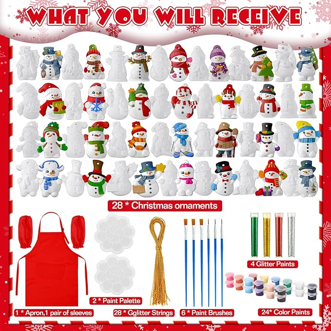 TecUnite 28 Pcs Ceramic to Paint Christmas Ornament Crafts Adults Unpainted DIY Ceramic Figurines Decorate and Paint Your Own Ornaments Kits DIY Craft Xmas Holiday Activities(Snowman)