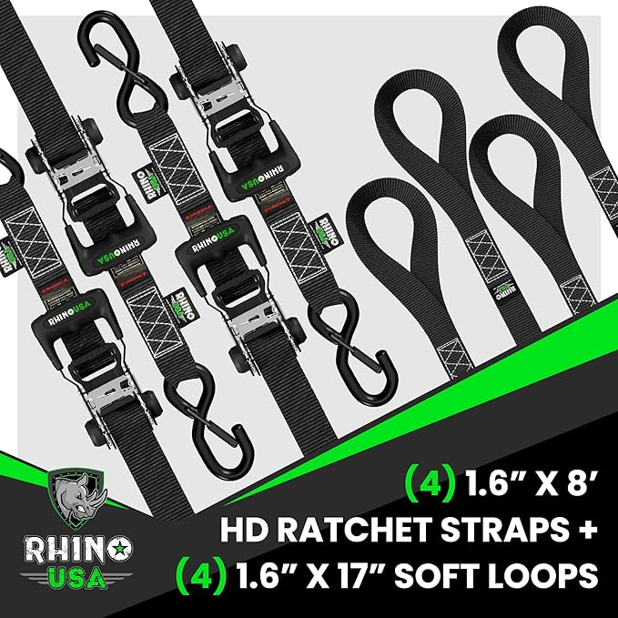 Rhino USA Ratchet Straps Heavy Duty Kit (4-Pack) - 1.6 Inch x 8 Feet Min Break Strength (5,000) - Ultimate Tie Down Straps with Safety S Hooks for Trucks, ATV, UTV, Motorcycle, Cargo & More - Black