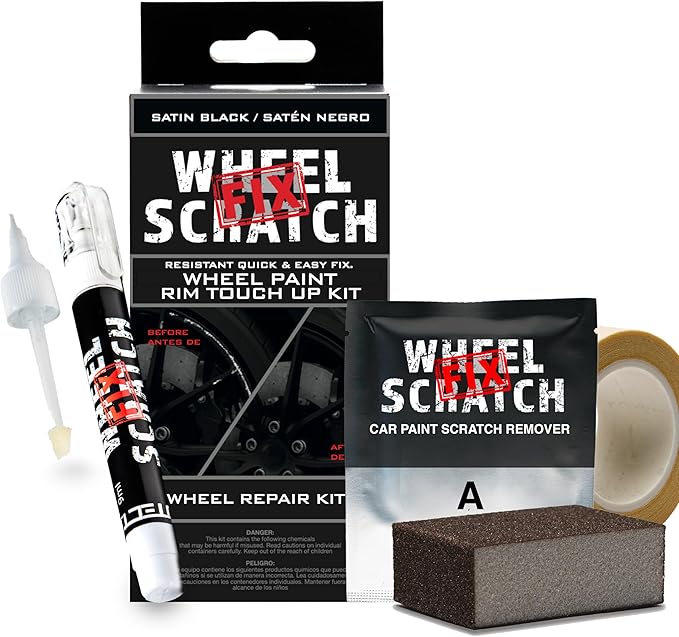 Wheel Scratch Fix® Matte Black Rim Touch Up Paint, Wheel Scratch Repair Kit, Alloy Curb Rash Repair Kit, Rim Touch Up Pen, Universal Wheel Paint, DIY Alloy Rim Repair (Satin/Matte Black)