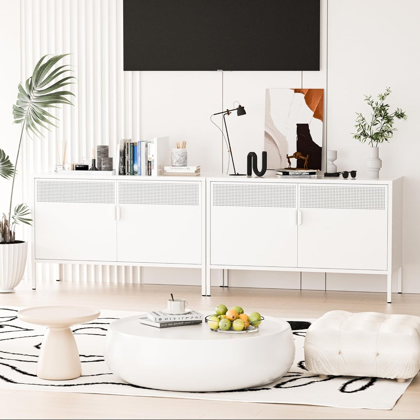 2 Door Storage Sideboard, Metal Storage Cabinet with 2 Adjustable Shelf,Multipurpose Metal Accent Cabinet for Office Home,Music Studio (White, 25''H)