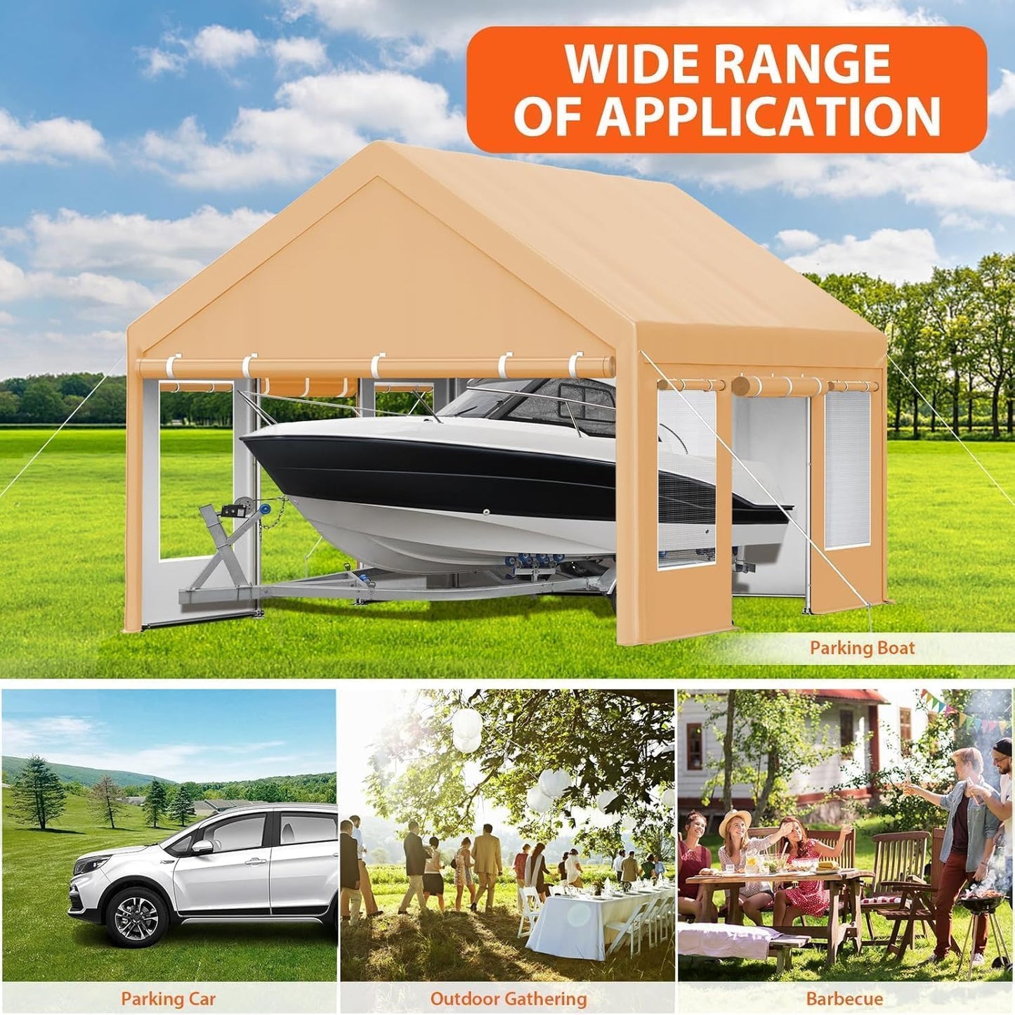 13x20 FT Heavy Duty Carport, Oversized Portable Garage with 4 Doors & 4 Windows, Reinforced Frame, All Weather Protection Outdoor Shelter Canopy for Cars, Boats, Trucks, BBQ and Outdoor Gatherings