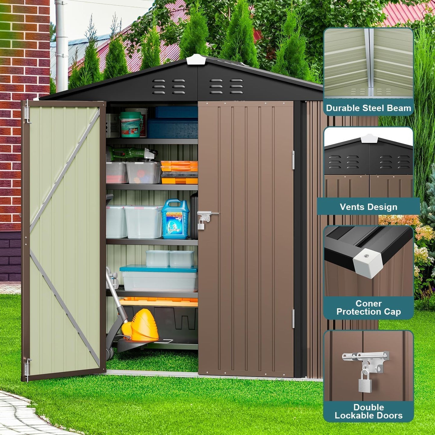 Gizoon Outdoor Storage Shed 6 x 4 FT, Galvanized Metal Garden Shed with Double Lockable Doors, Outdoor Storage Clearance for Backyard Patio Lawn-Light Brown