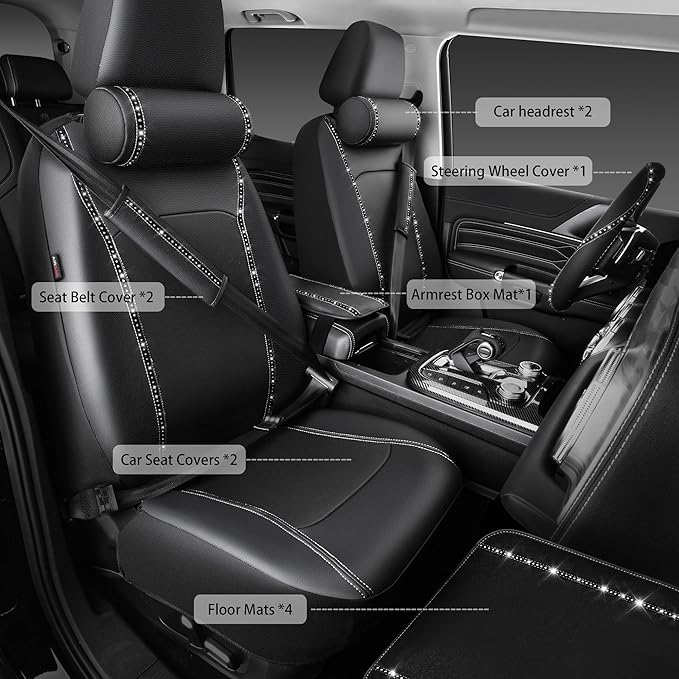 CAR PASS 14 PCS Bling Diamond Car Accessories Set for Women, Leather Seat Covers Front Seats Sparkly Rhinestone 15'' Steering Wheel Covers Shining Diamond Car Floor Mats Cute Interior Sets, Silver