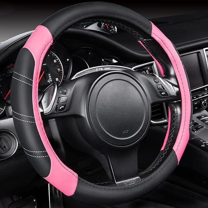 CAR PASS Line Rider Microfiber Leather Sporty 14.5-15 inch Steering Wheel Cover Universal Fits for 95% Truck,SUV,Cars, Anti-Slip Safety Comfortable Design (Black Pink)