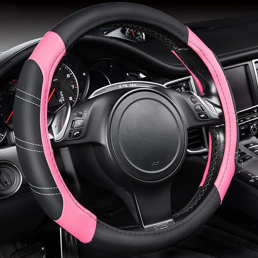 CAR PASS Line Rider Microfiber Leather Sporty 14.5-15 inch Steering Wheel Cover Universal Fits for 95% Truck,SUV,Cars, Anti-Slip Safety Comfortable Design (Black Pink)