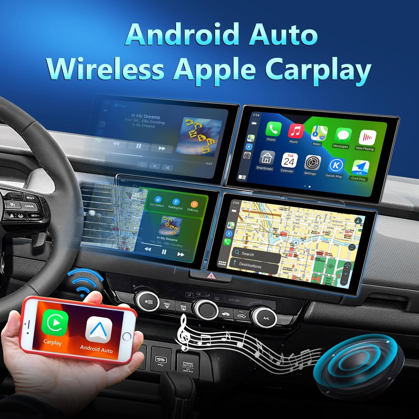 9inch Portable Carplay Screen for Car, Wireless Apple Carplay & Android Auto with 4K Dash Cam,1080p Backup Camera,Car Audio Receivers, GPS Navigation, SuperLink,FM, Music Player