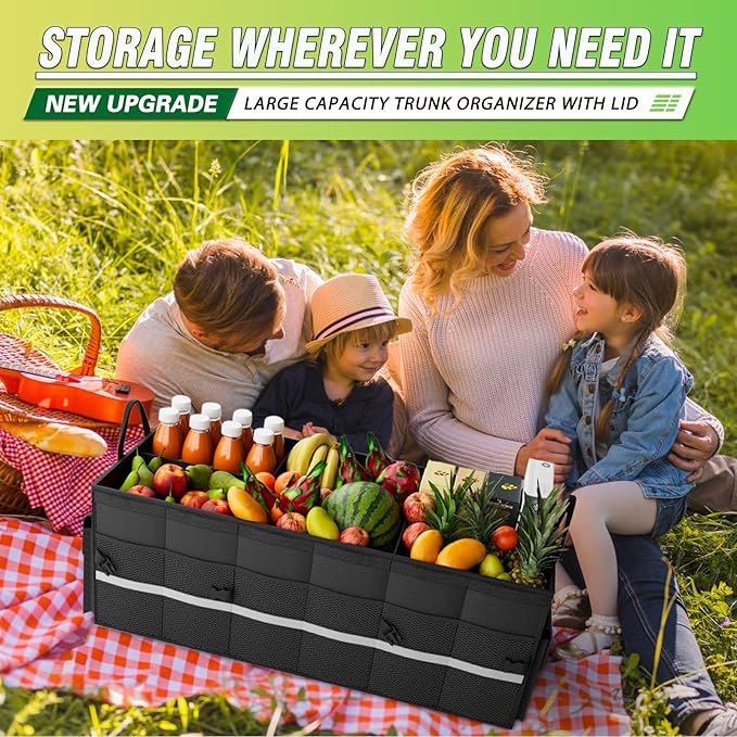 K KNODEL Car Trunk Organizer with Lid, 3 Compartments Collapsible Car Trunk Storage Organizer, Large Car Organizer and Storage for SUV, Truck, Sedan (Large, Black)