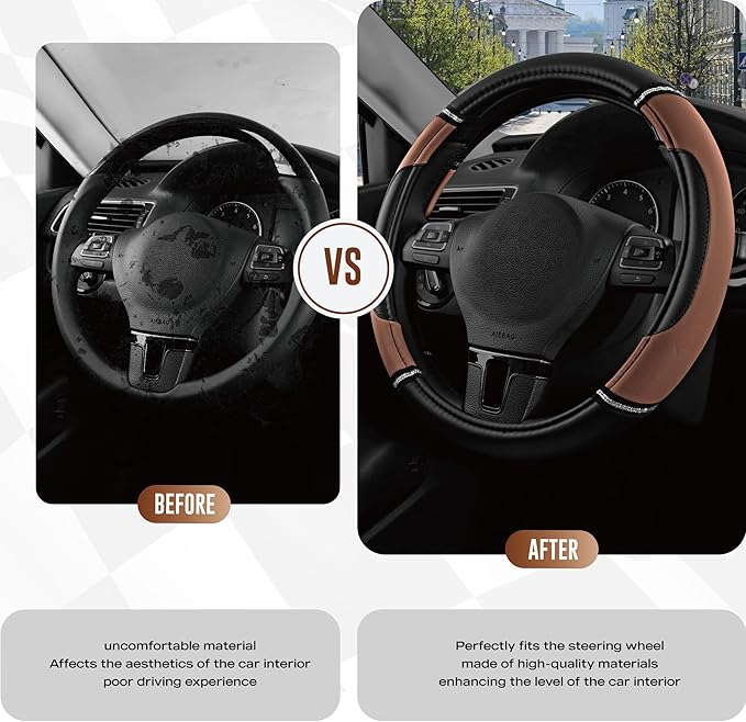 Road Comforts Leather Steering Wheel Cover - Made with PVC Leather - Anti-Slip, Universal Fit 14 1/2 inches to 15 inches - Brown
