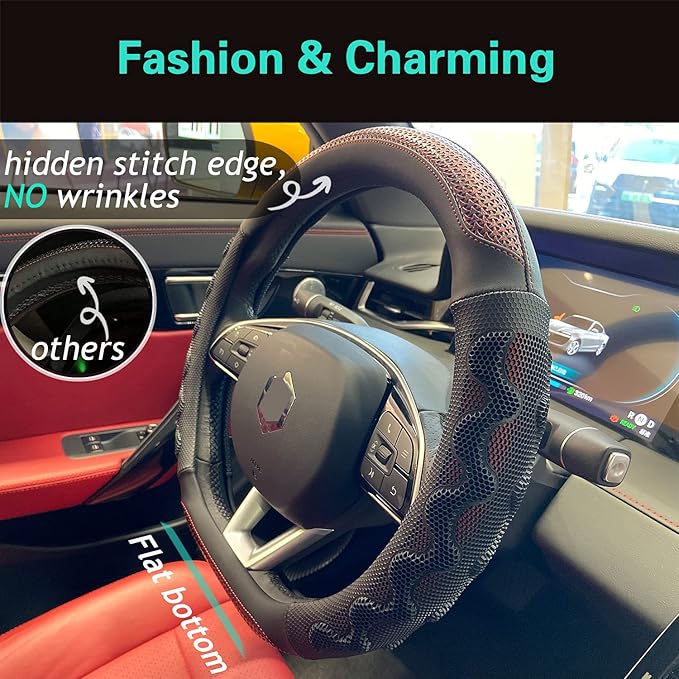 PINCTROT D Shaped 14 Inch Small Sized Steering Wheel Cover Great Grip with 3D Honeycomb Anti-Slip Design, Flat Bottom 14 Inch (Wine Red)