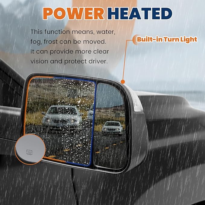 Pair Black Power Heated Towing Mirrors Compatible for 2002-2008 Dodge Ram 1500/2003-2009 Ram 2500 3500 w/White DRL, Led Turn Light